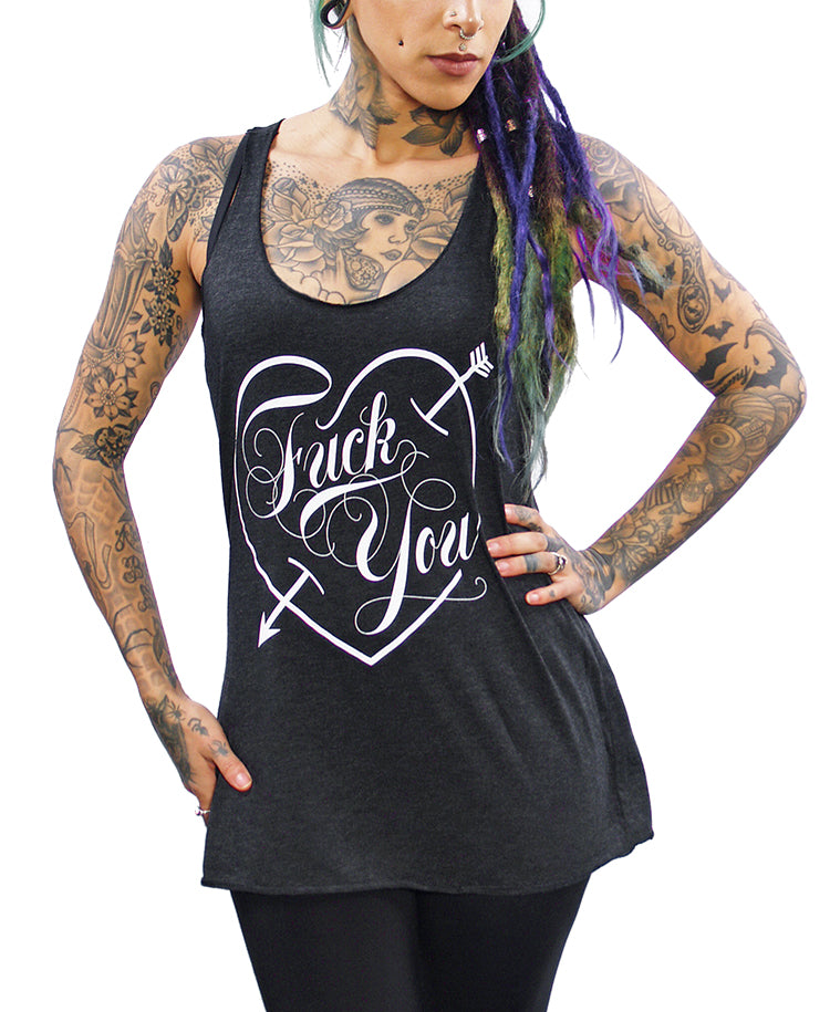 model wearing script heart FU tank top
