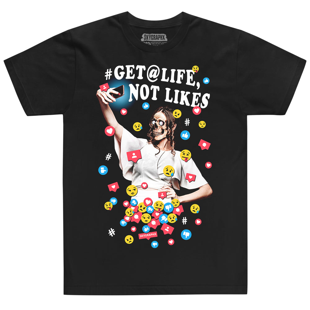 shirt with get a life not likes and skull female taking selfie and social media icons