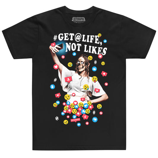 shirt with get a life not likes and skull female taking selfie and social media icons