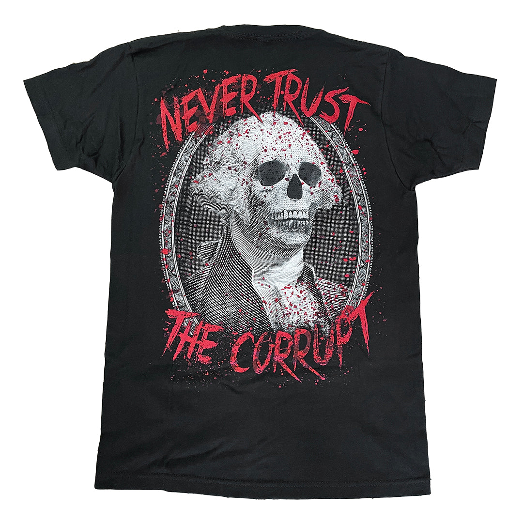 shirt with george washington skull and never trust the corrupt text
