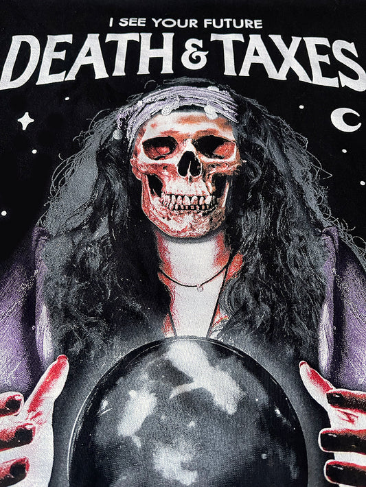 psychic with skull and crystal ball with I see your future death & taxes above head