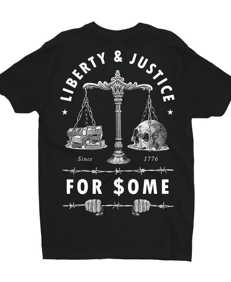 shirt with liberty and justice for some design with scale and money and skull
