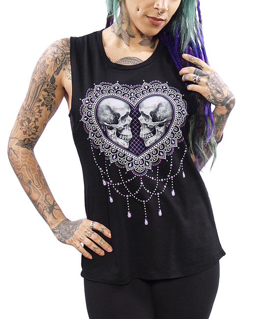 model wearing lace skull tank top