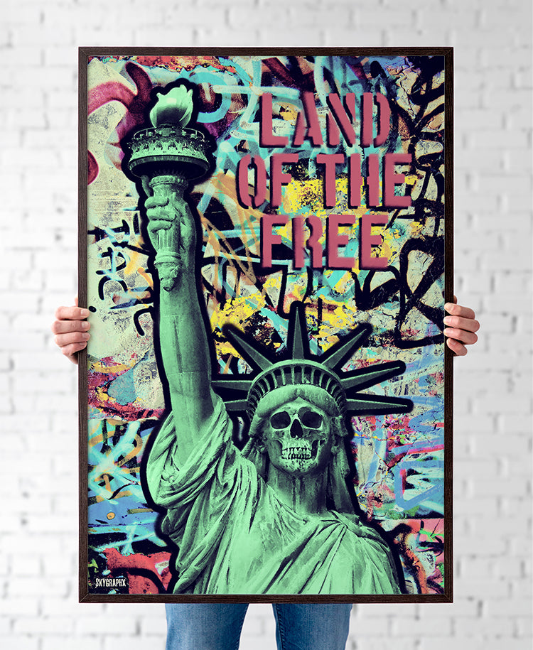 poster of statue of liberty with skull on graffiti