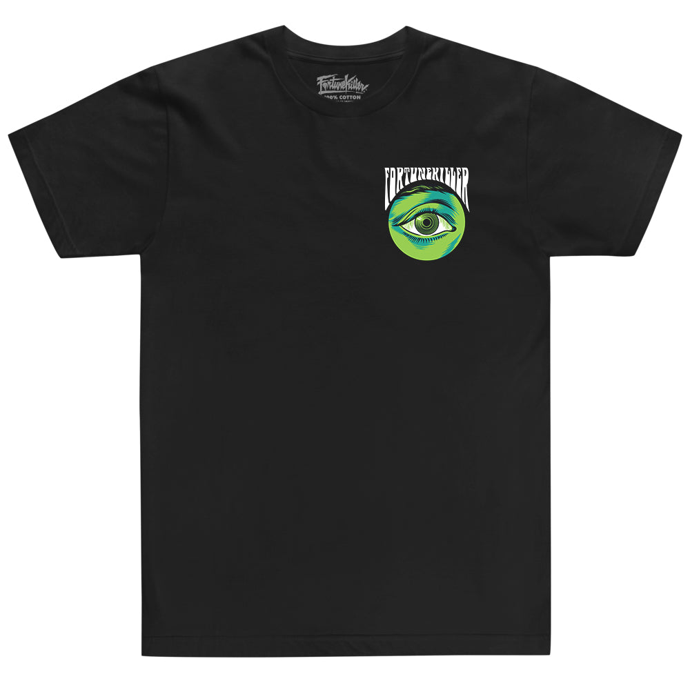 front of shirt with green eye and fortune killer text