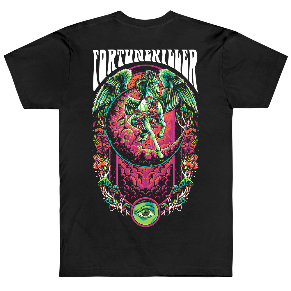 shirt with trippy colorful pegasus and fortune killer text
