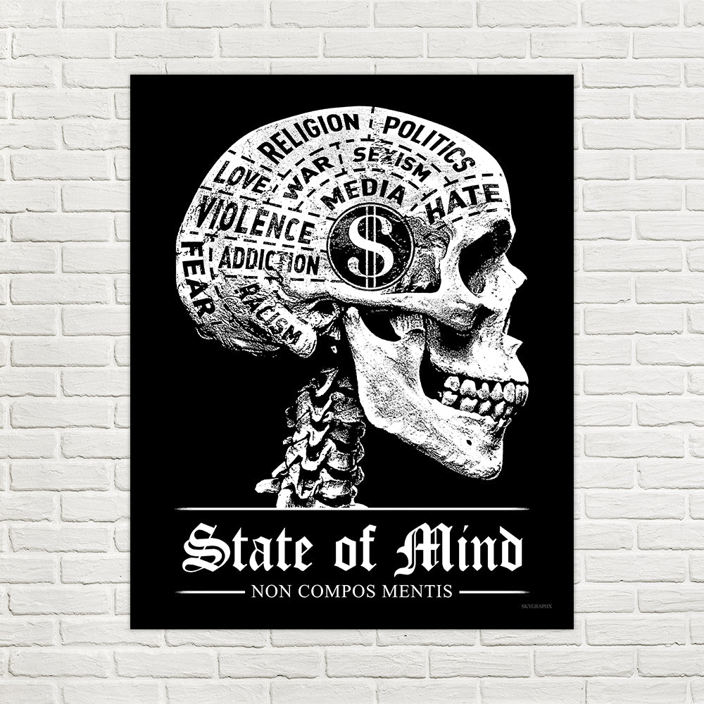 state of mind phrenology skull poster on brick wall