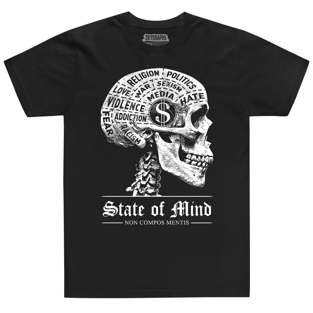 shirt with state of mind phrenology skull and latin phrase non compos mentis