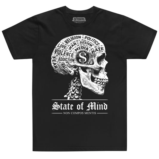 shirt with state of mind phrenology skull and latin phrase non compos mentis