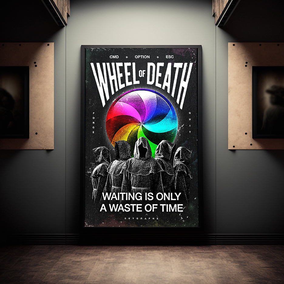 wheel of death poster in dim room