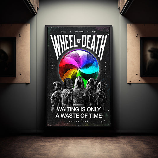 wheel of death poster in dim room