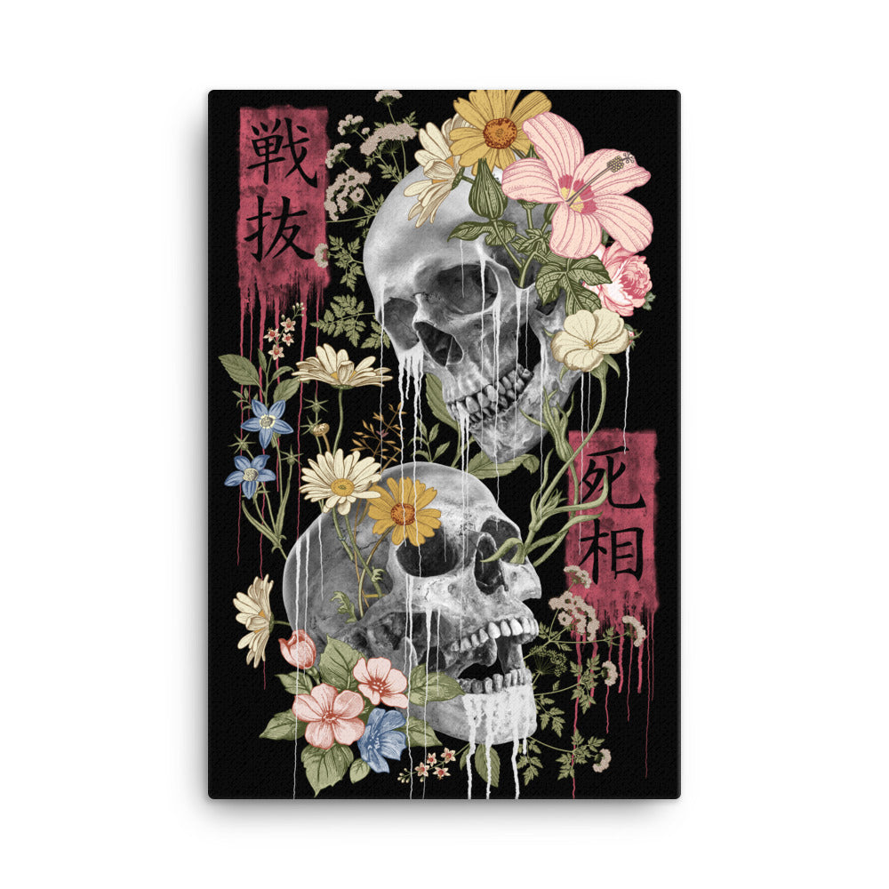 canvas of skulls flowers and japanese characters in nice room