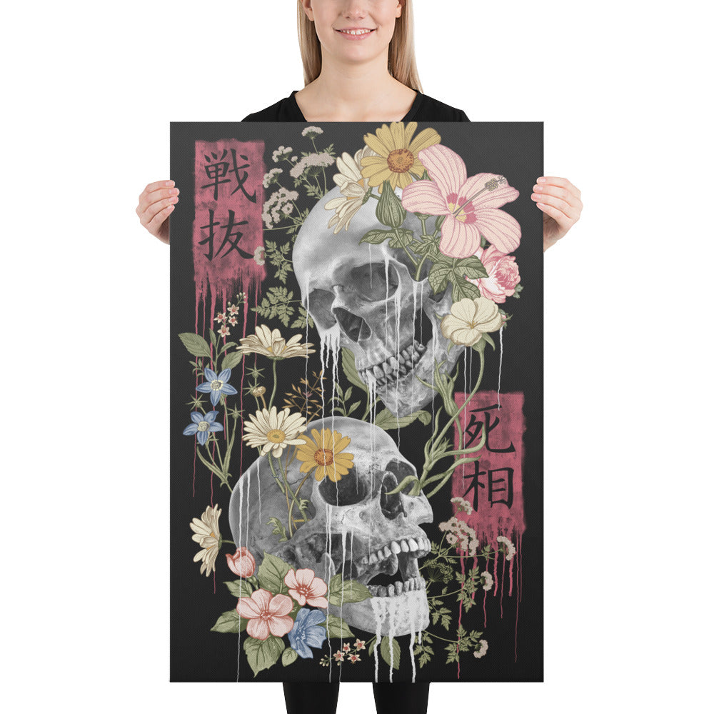 canvas of skulls flowers and japanese characters