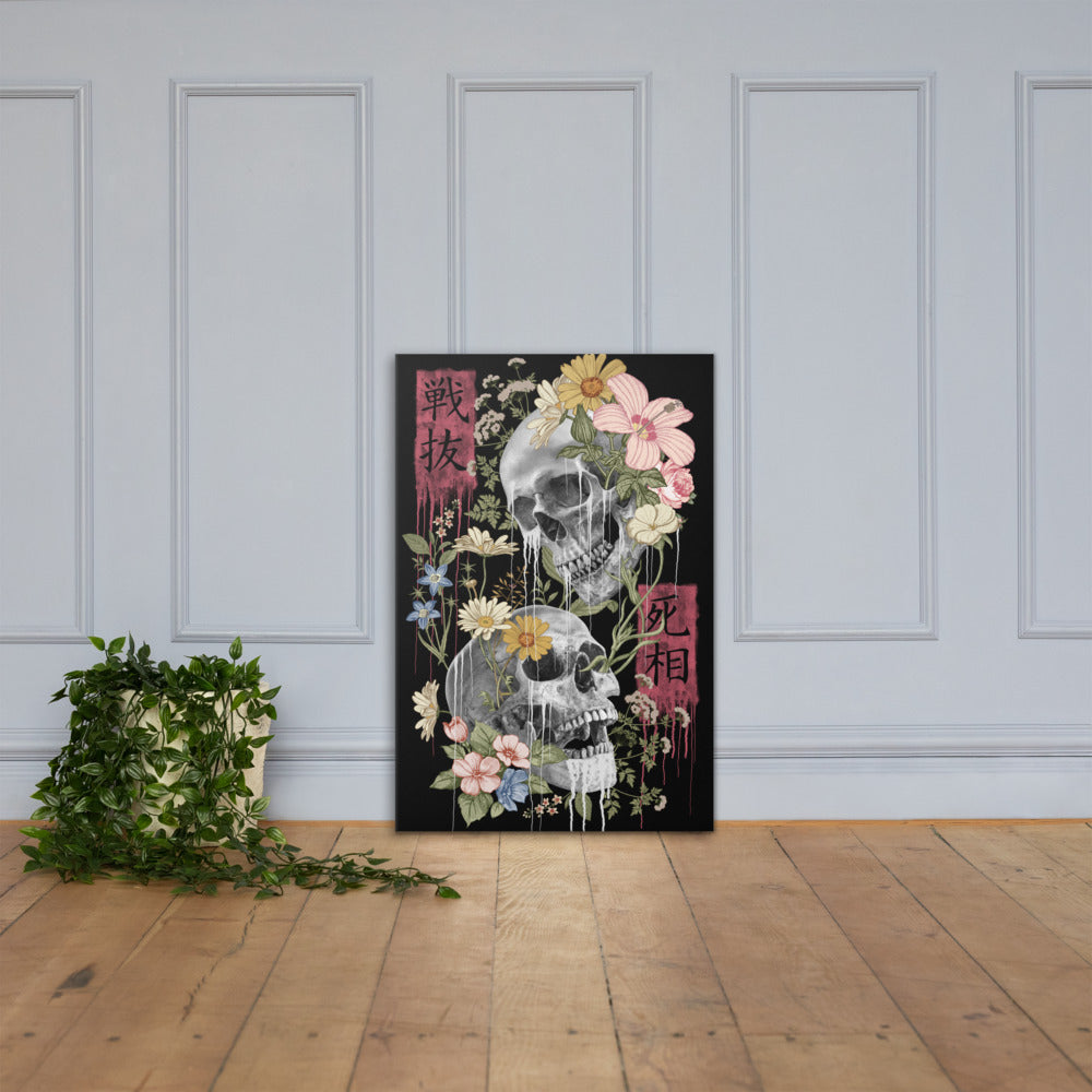 canvas of skulls flowers and japanese characters in nice room