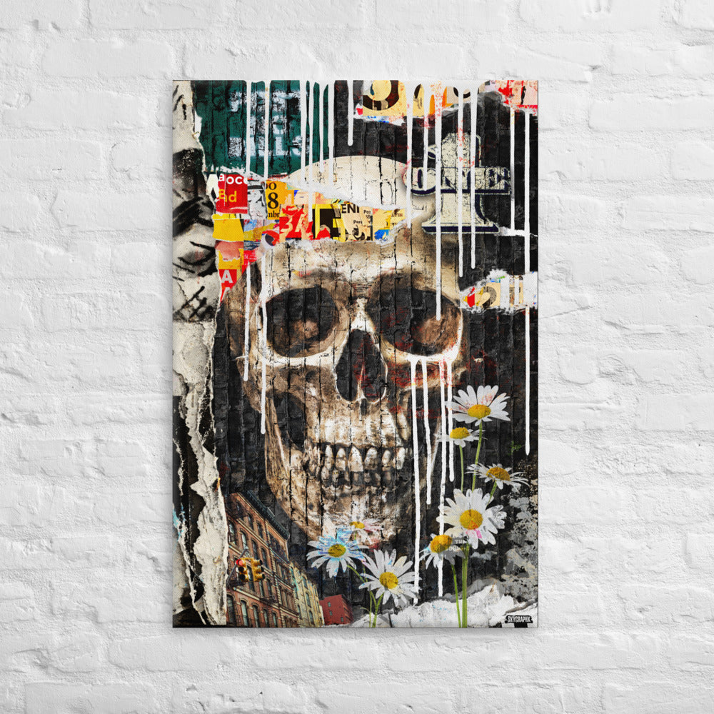 canvas with grunge skull paint drips and flowers