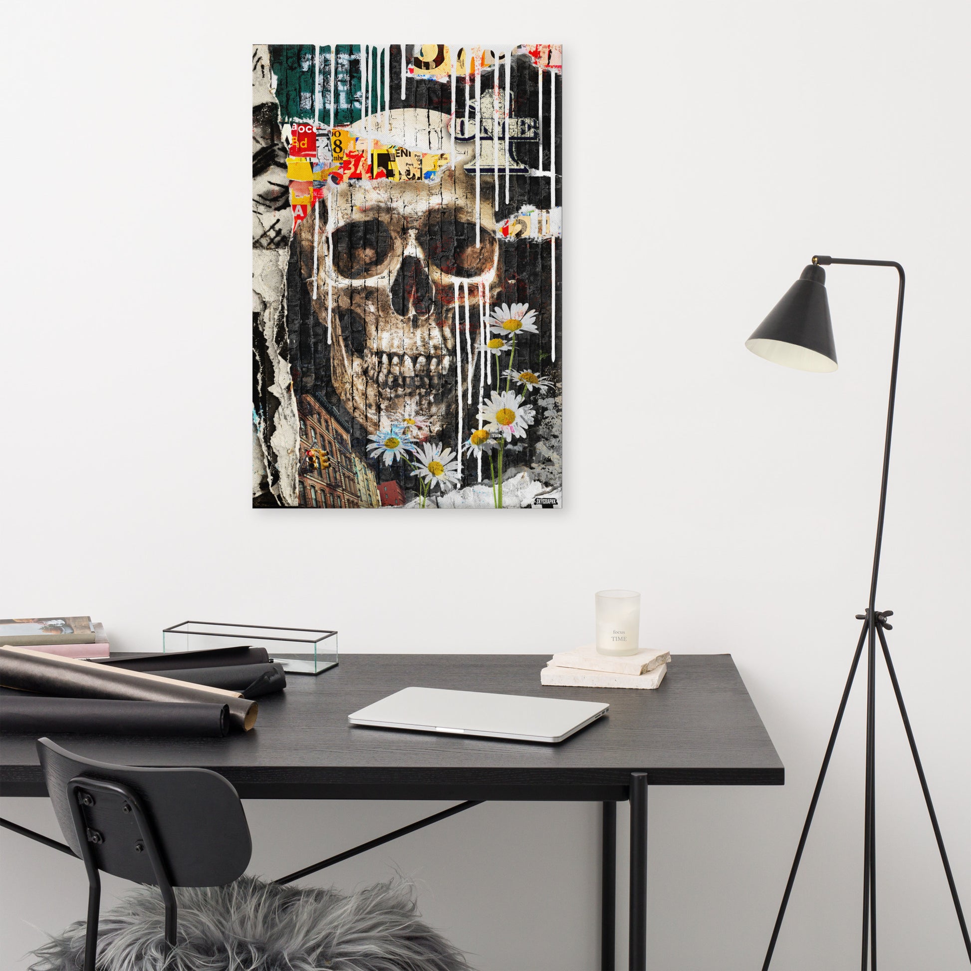 lifestyle photo of skull art with grunge and flowers