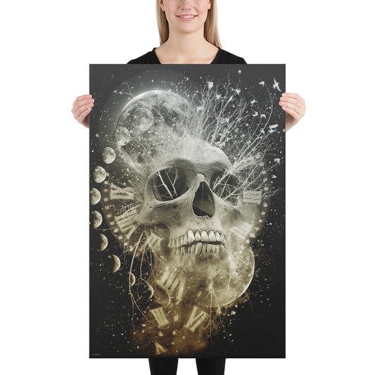 model holding poster with skull moons and clocks