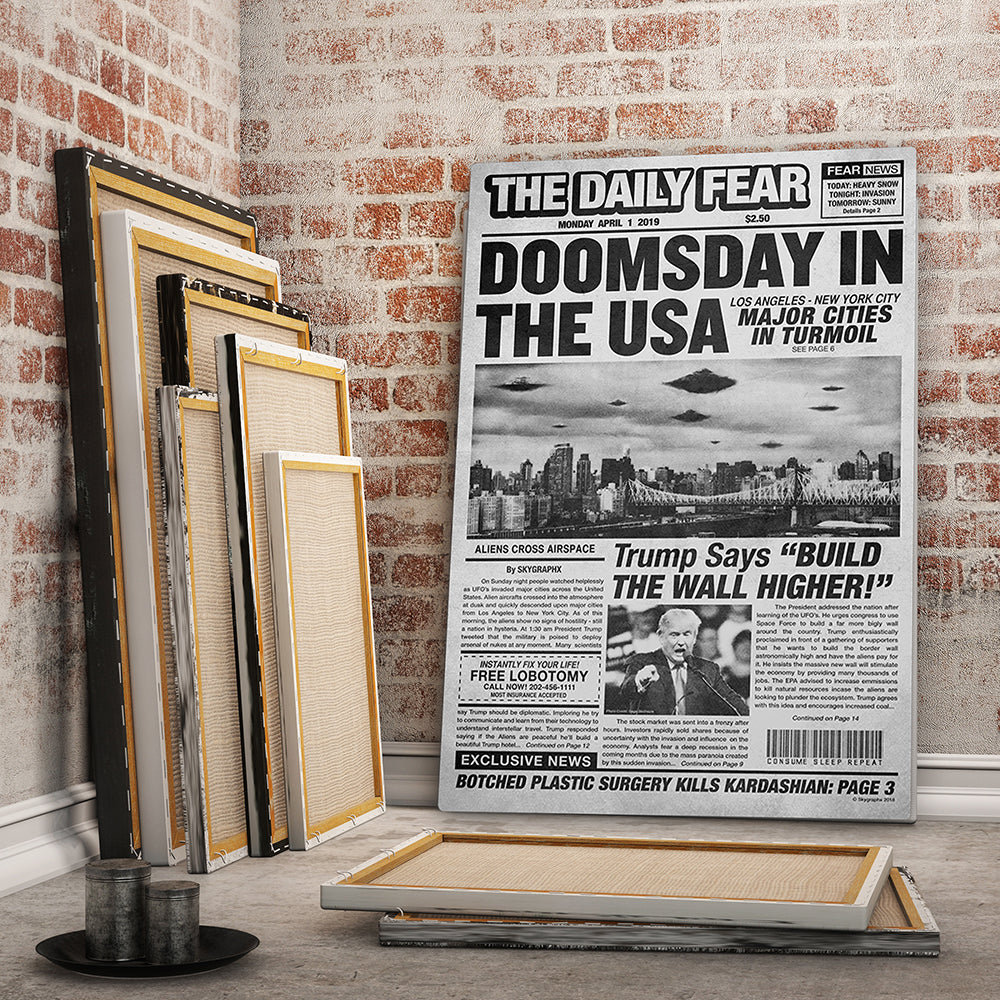 doomsday in the usa newspaper design canvas against brick wall
