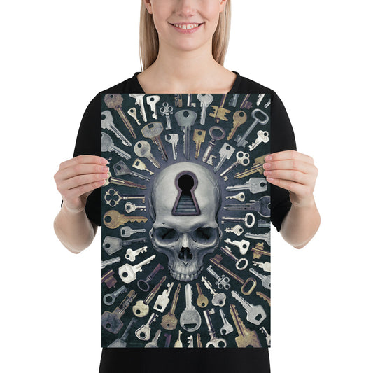 poster of skull with keyhole surrounded by keys held by model