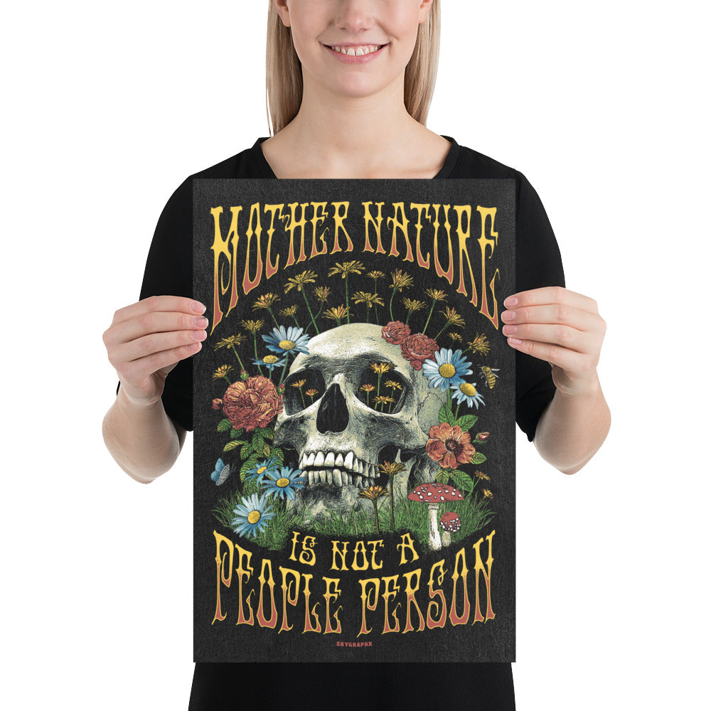 mother nature print with skull and flowers held by model
