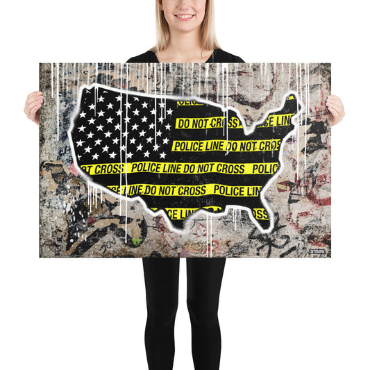 usa continent with police line tape and graffiti