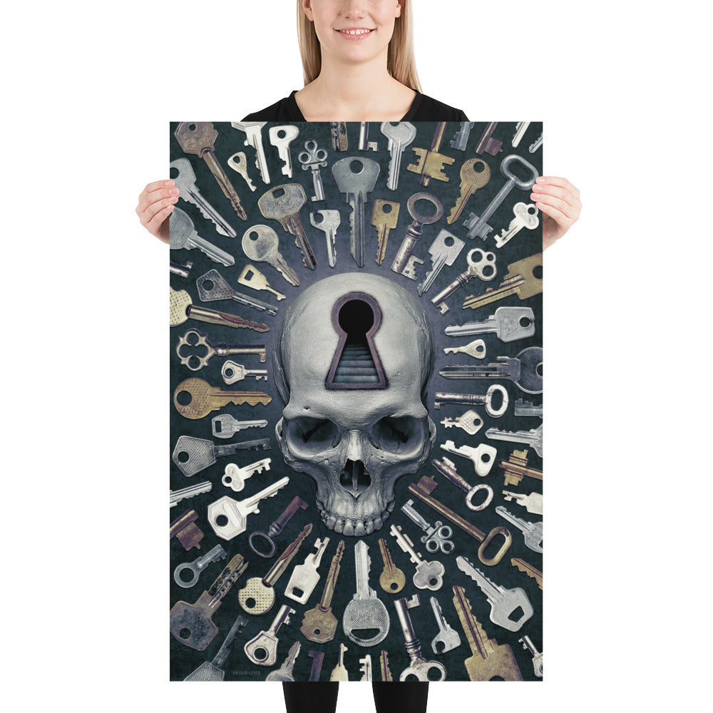 poster of skull with keyhole surrounded by keys