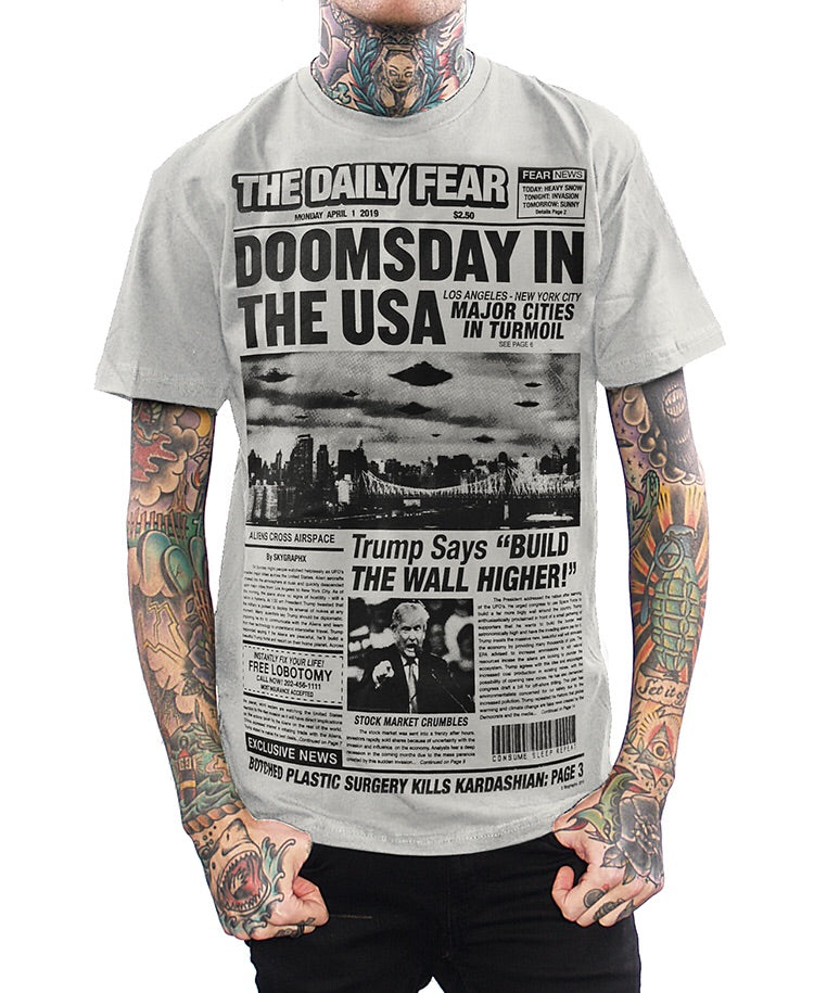 model wearing doomsday in the usa newspaper parody shirt
