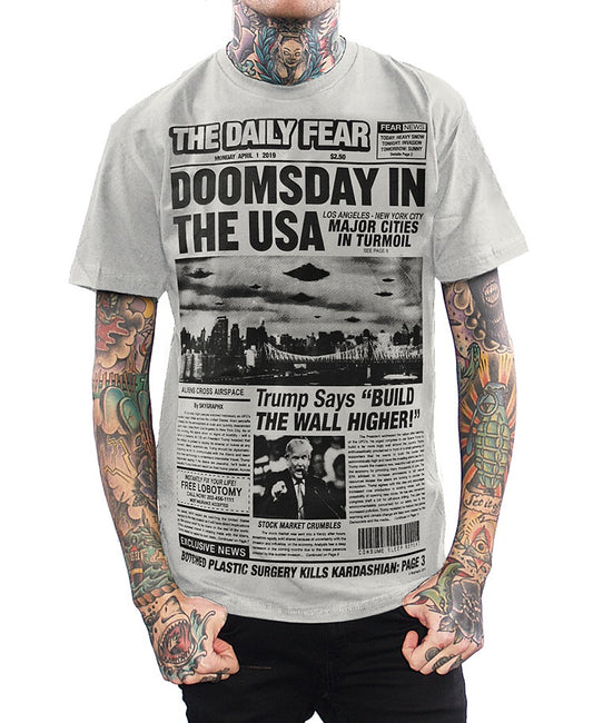model wearing doomsday in the usa newspaper parody shirt
