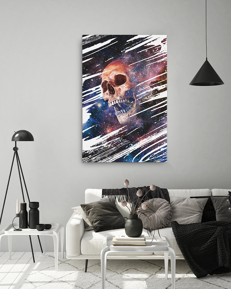 print of skull in space hanging in living room