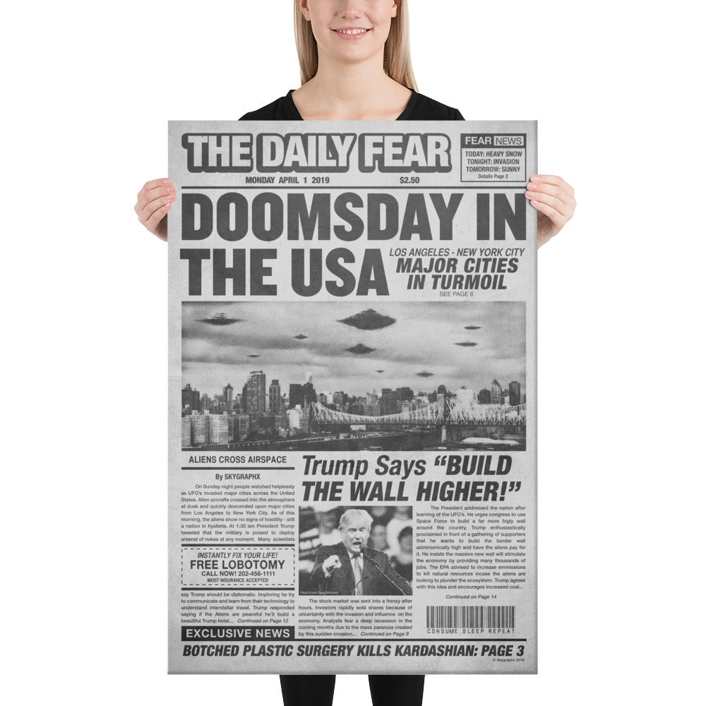model holding doomsday in the usa newspaper design