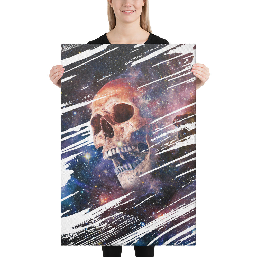 model holding canvas of skull in space