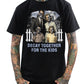 Black t-shirt with a graphic design of a family and text 'Decay Together for the Kids' on a white background.
