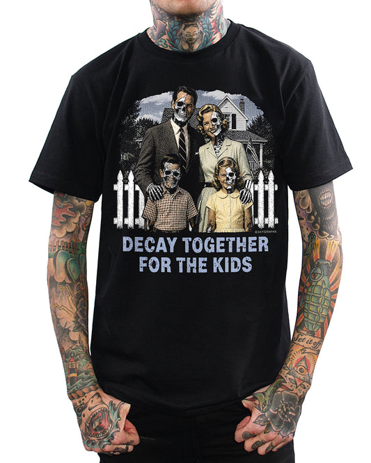 Black t-shirt with a graphic design of a family and text 'Decay Together for the Kids' on a white background.