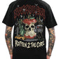 Black t-shirt with graphic design and text on a person wearing it.
