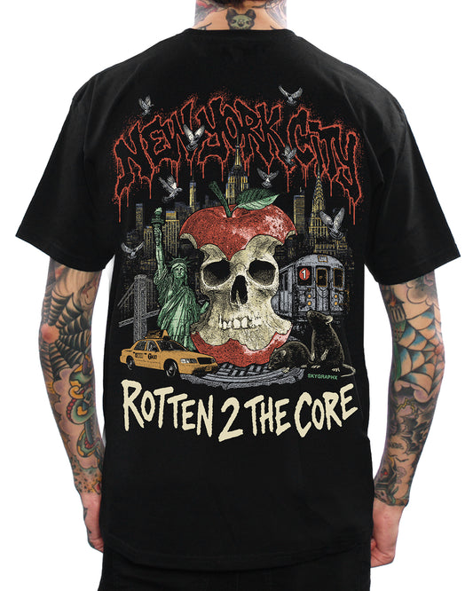 Black t-shirt with graphic design and text on a person wearing it.
