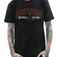 Person wearing a black t-shirt with graphic design and text