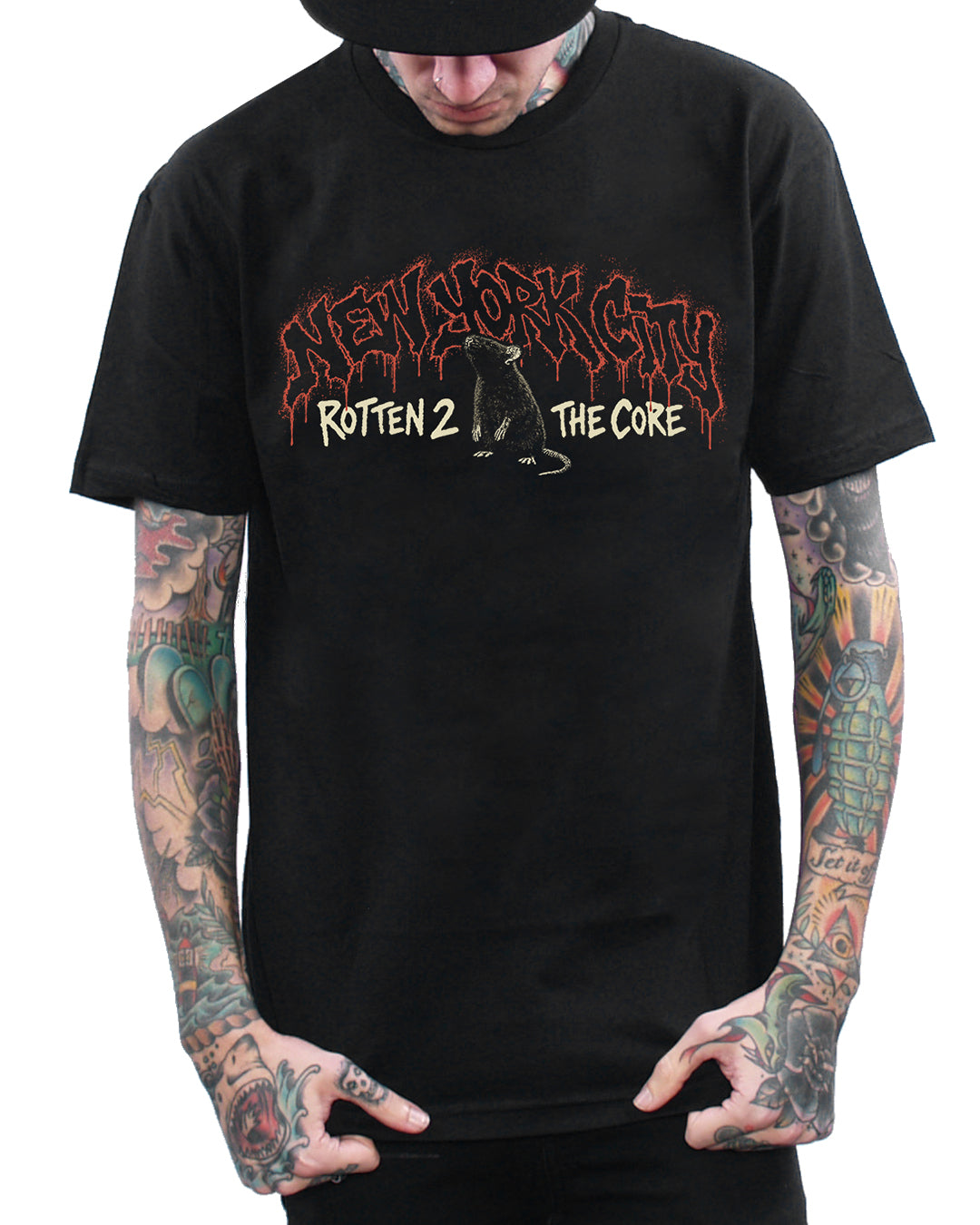 Person wearing a black t-shirt with graphic design and text