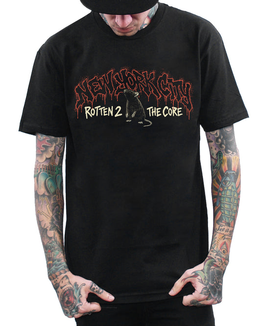 Person wearing a black t-shirt with graphic design and text