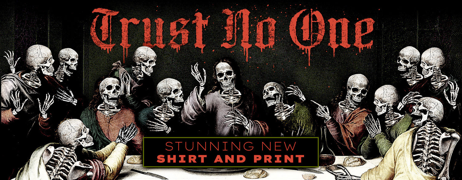 trust no one banner skulls red black text