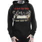 Black hoodie with graphic design and 'Trust No One' text worn by a person on a white background