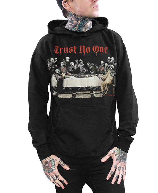 Black hoodie with graphic design and 'Trust No One' text worn by a person on a white background