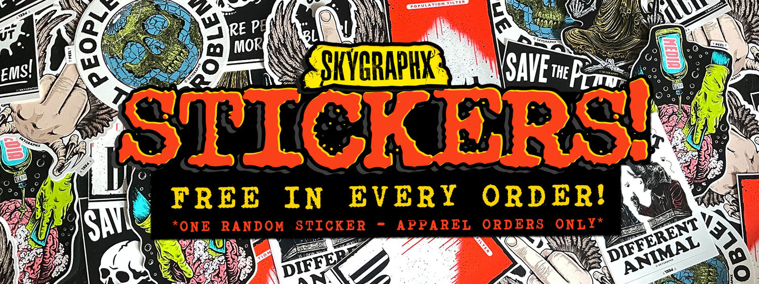 banner with stickers free sticker in every order. random sticker - apparel orders only.