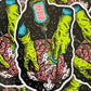 Sticker design with green hands holding a bottle labeled 'Medio' against a black background with white bubbles.