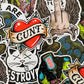 Collage of various graphic stickers with text and images on a dark background