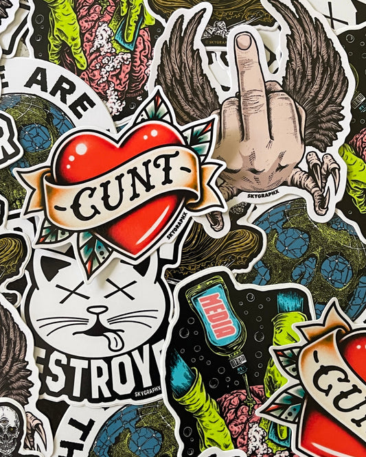 Collage of various graphic stickers with text and images on a dark background