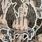 Sticker design of a hand with wings giving the middle finger, featuring the brand 'Skygraphx'.
