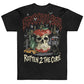 Black t-shirt with a graphic design featuring a skull, apple, and cityscape.