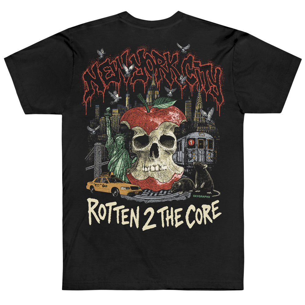 Black t-shirt with a graphic design featuring a skull, apple, and cityscape.