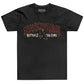 Black t-shirt with graphic design and text on a white background