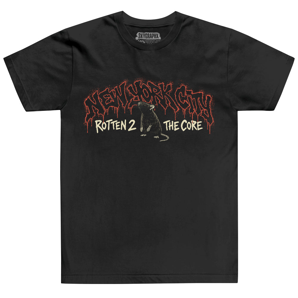 Black t-shirt with graphic design and text on a white background